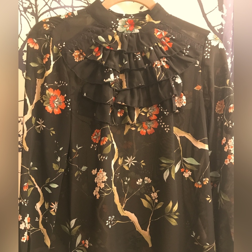 Nanette Lepore Sheer Boho Ruffle Floral Blouse